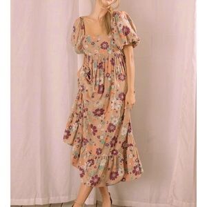 Storia Floral Maxi Dress with Puff Sleeves - Purple and Tan